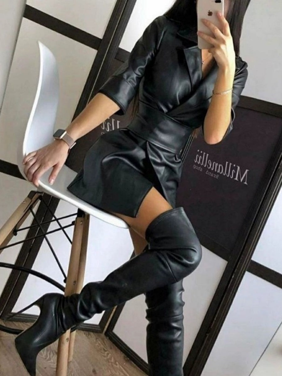 PU Leather Suit Collar Mid-length Sleeves Mini&Short Dresses With Belt