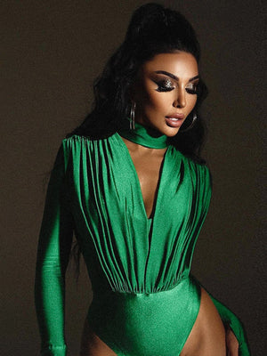 V-neck Slim Fit Pleated Decoration Base Layer Splicing Long-sleeved Bodysuit