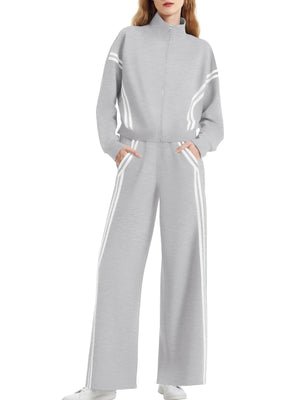 Sports Casual Suit Zipper Contrasting Colors Sweatshirts Wide-leg Pants 2-piece Sets