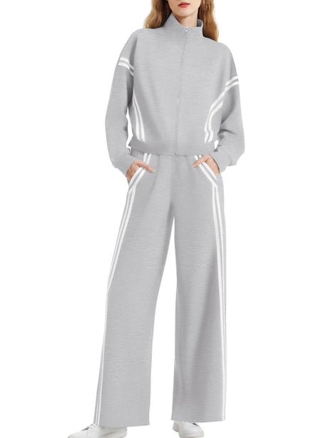 Sports Casual Suit Zipper Contrasting Colors Sweatshirts Wide-leg Pants 2-piece Sets