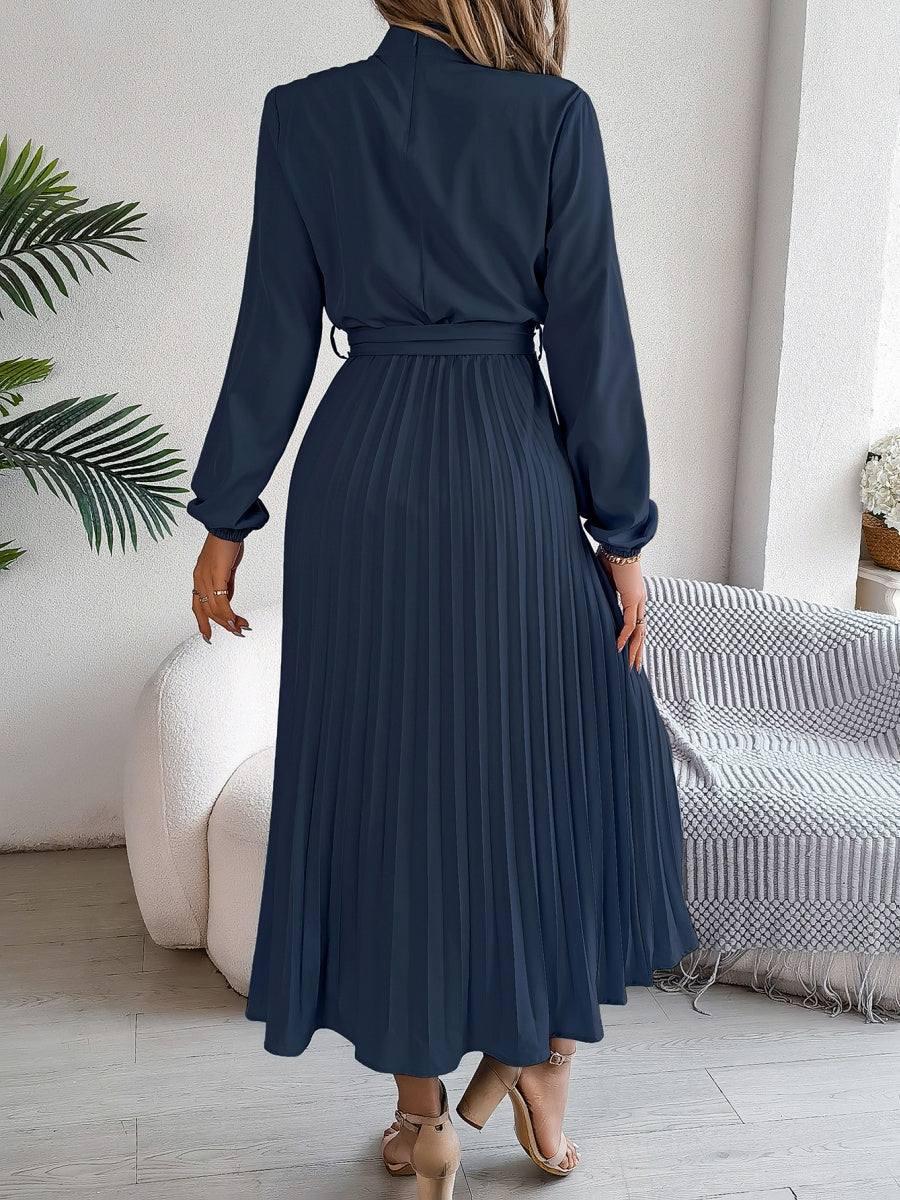 Stand Collar Long Sleeve Waist Pleats Midi Dresses