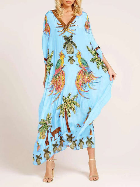 V-neck Floral Print Loose-fitting Long Dress