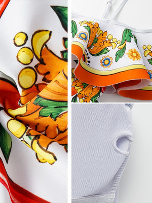 One-shoulder Ruffled Printed Swimsuit And Sun-protective Long Dress Two-piece Set