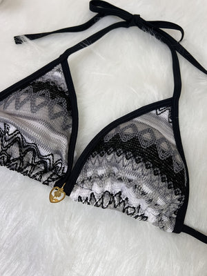 Knitted Color-blocked Striped Tie-up Bikini