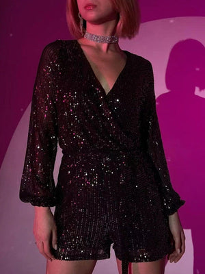 Sequins Long Sleeve V-neck Mini&Short Dresses
