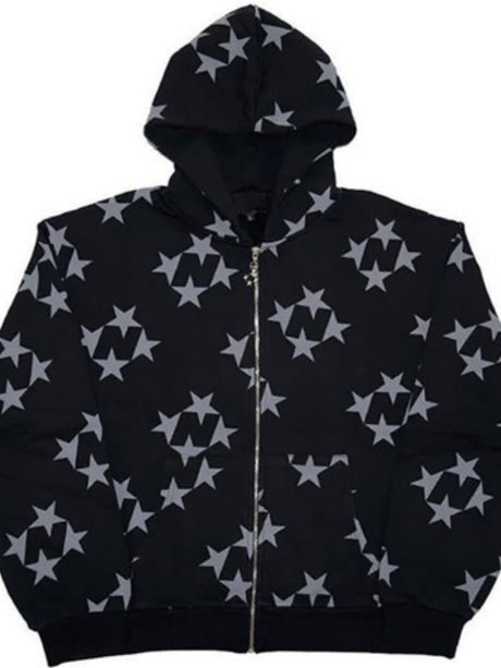 Old Star Print Zippered Loose Hooded Sweatshirt