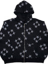 Old Star Print Zippered Loose Hooded Sweatshirt
