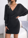 Cross V-neck Batwing Sleeves Hip-hugging Knitting Mini&Short Dresses