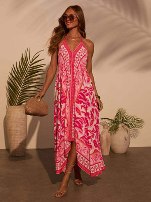 Ethnic-style Printed Off-shoulder V-neck Spaghetti Strap Long Dress