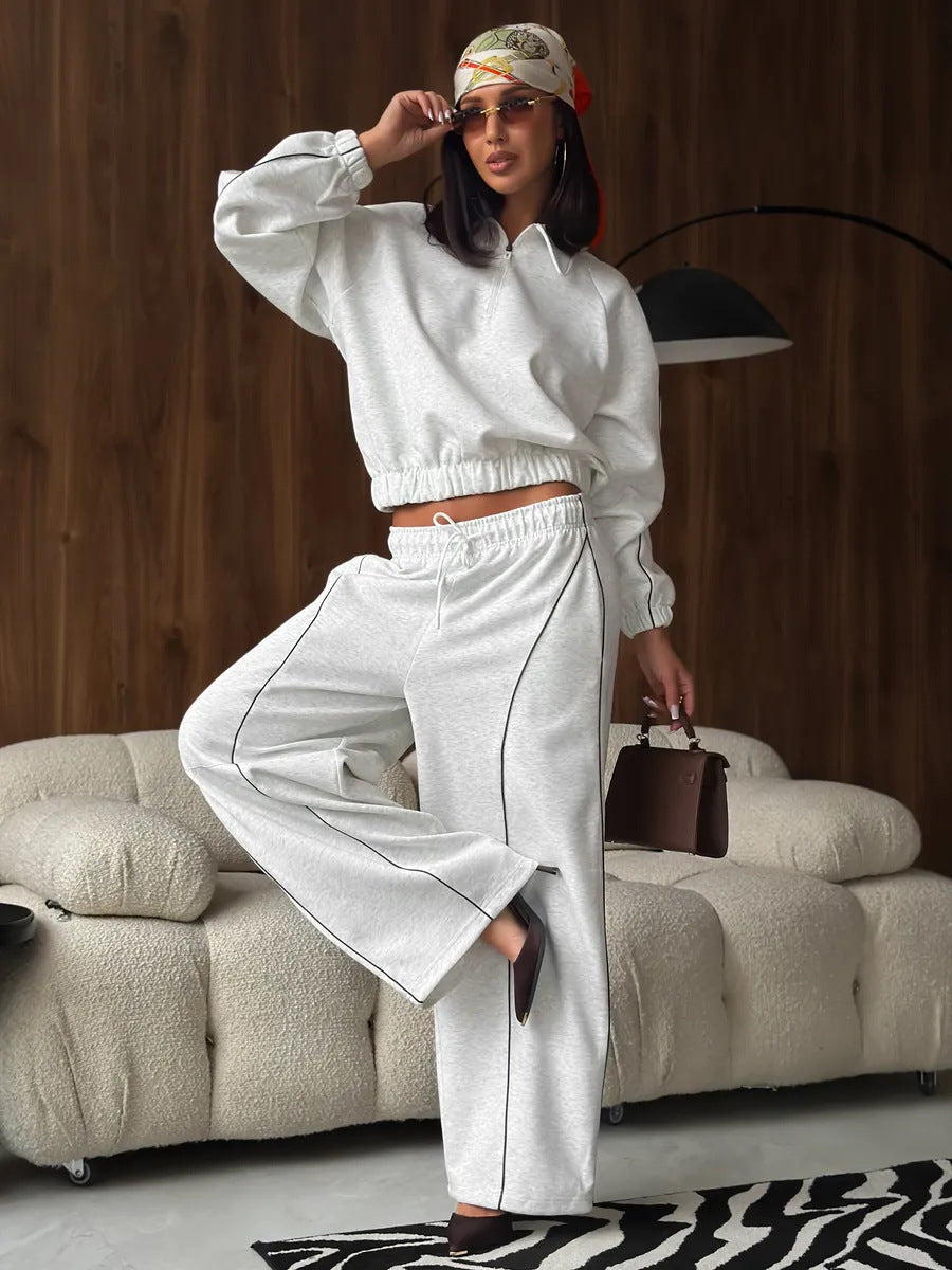 American Retro Color-blocked Striped Tracksuit For Women Two-piece Set: Collared Half-zip Sweatshirt And High-waisted Wide-leg Sweatpants
