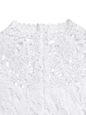 Lace Trim Hollow Short Sleeve Bandage High Waist Wide Leg Jumpsuits