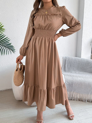 Wood Ear Waist Pleats Maxi Dresses