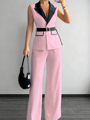 Straight-leg Trousers And Color-blocked Vest Two-piece Set