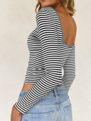 Simplicity Contrasting Colors Stripes Backless Long Sleeve T-shirts