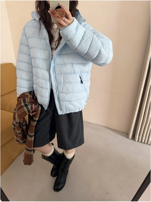 Hooded Zipper Pocket Quilting Lightweight Coat Stuffing Leisure Outdoor Cotton-padded Clothing