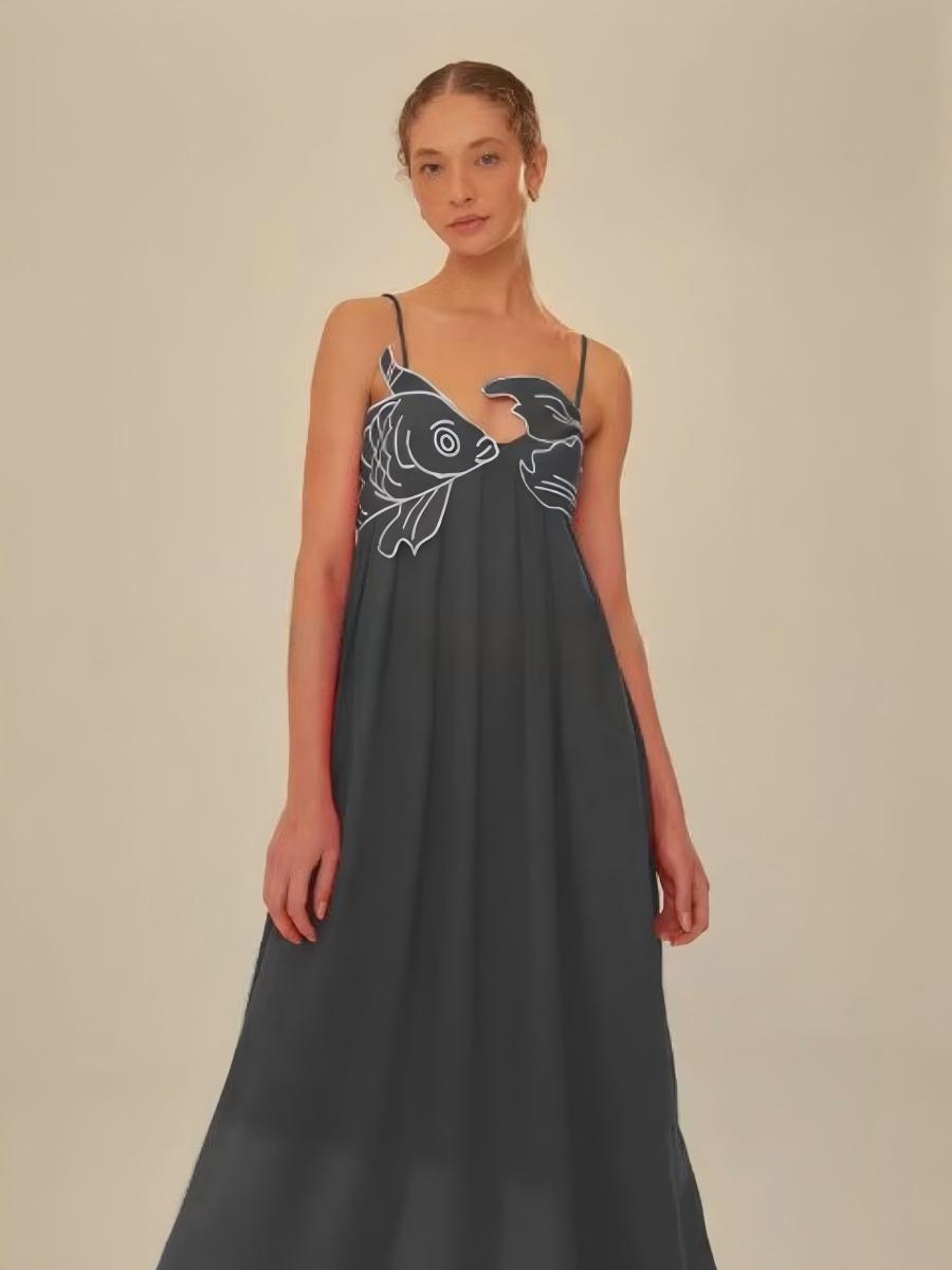 Fish-shaped 3D Embroidered Strapless Pleated Spaghetti Strap Long Dress