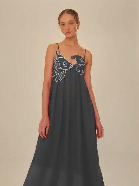 Fish-shaped 3D Embroidered Strapless Pleated Spaghetti Strap Long Dress