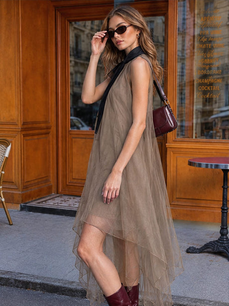 High-neck, Tie-up, Sleeveless Chiffon Dress With Bow Solid Color Irregular Midi Dress