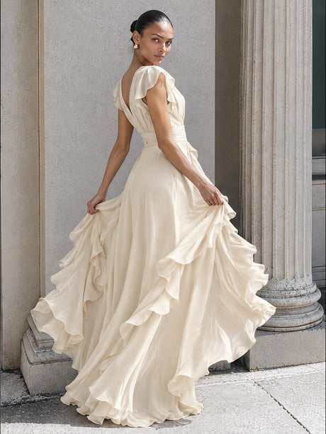 Solid Color Pleated Short Sleeve V-neck Chiffon Long Dress