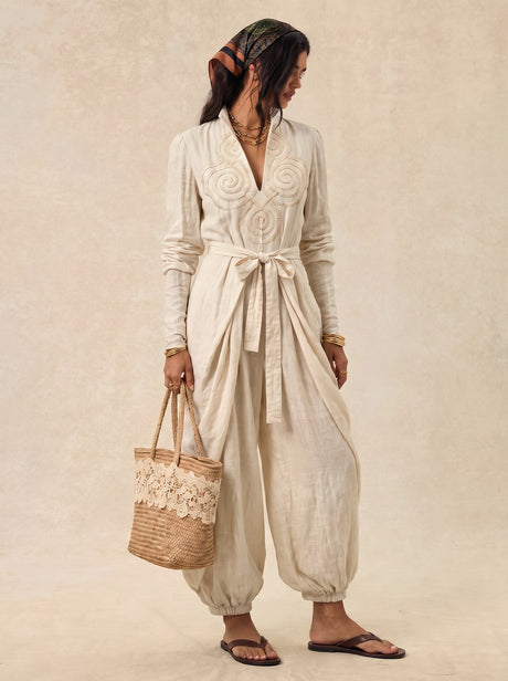 V-neck Tie-up Embroidered Loose-fitting Jumpsuit