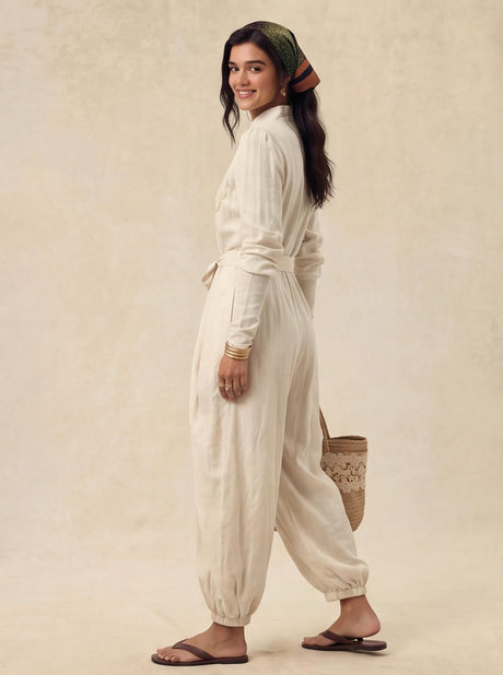 V-neck Tie-up Embroidered Loose-fitting Jumpsuit