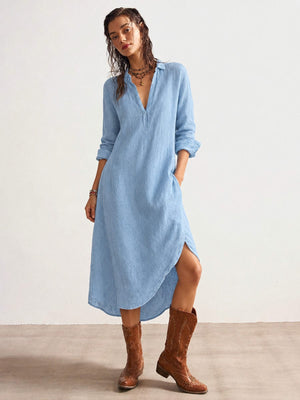 Loose-fitting Mid-length French Linen Shirt Dress With Slits
