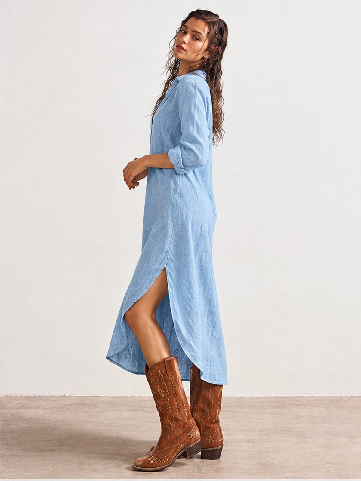 Loose-fitting Mid-length French Linen Shirt Dress With Slits