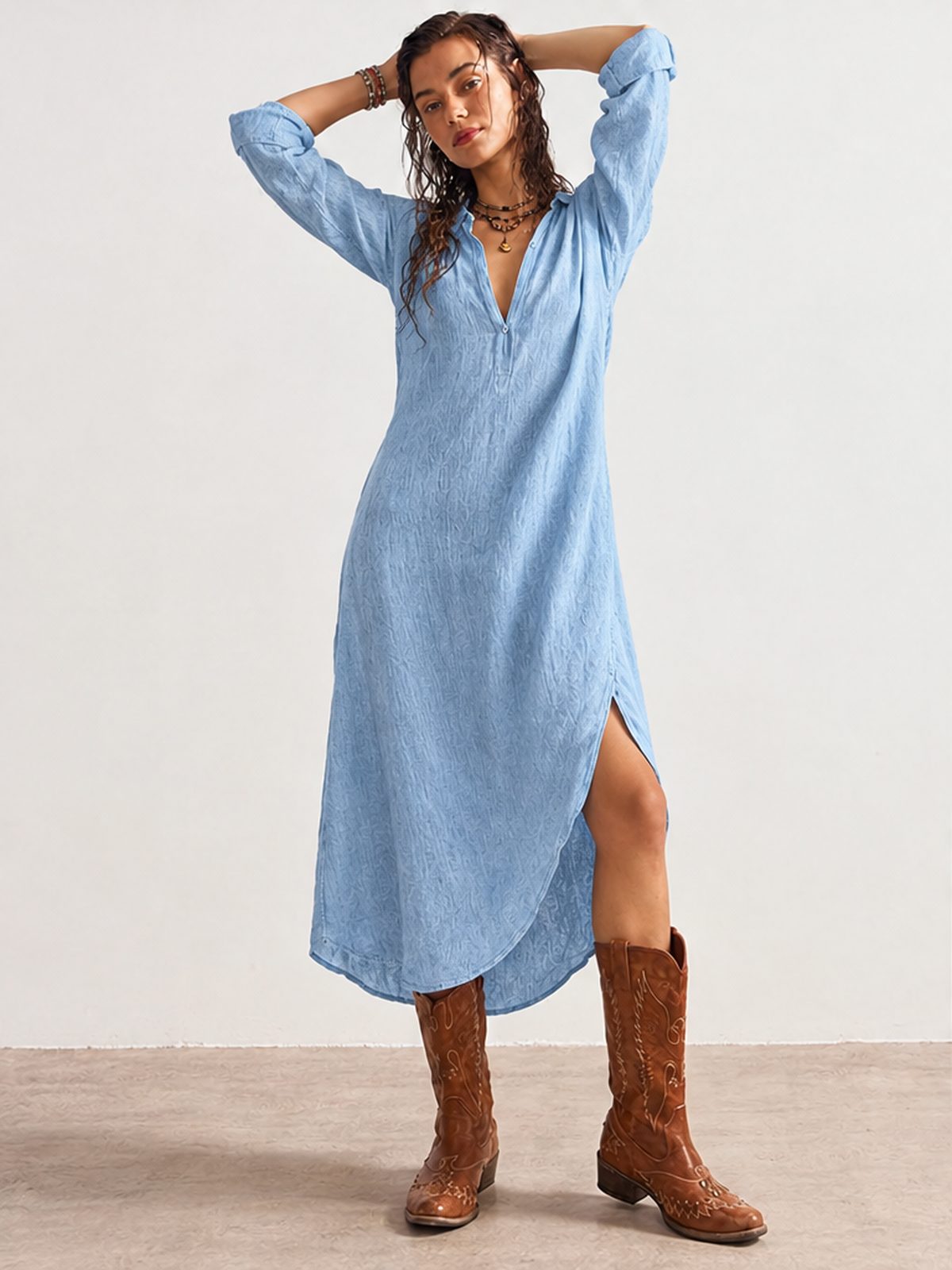 Loose-fitting Mid-length French Linen Shirt Dress With Slits