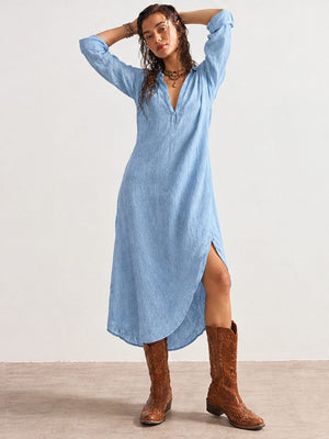 Loose-fitting Mid-length French Linen Shirt Dress With Slits