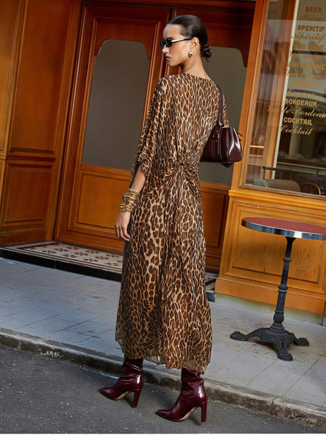 Leopard Print V-neck Fitted Waist Long Dress