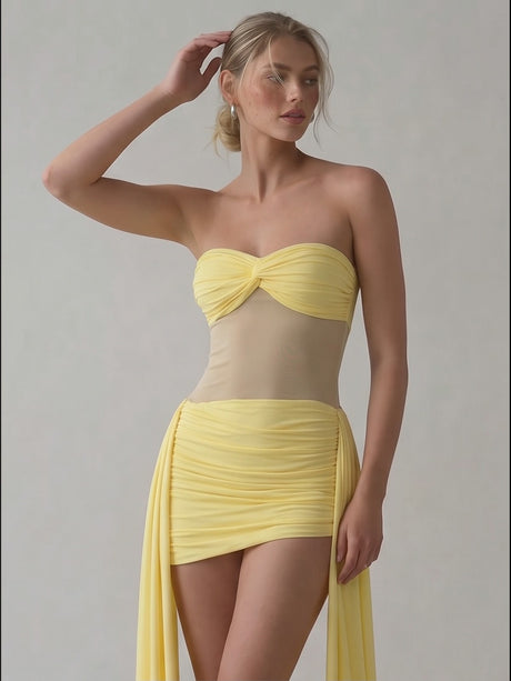 Mesh-paneled, Elegant Ribbon-trimmed Solid Color Strapless Short Dress
