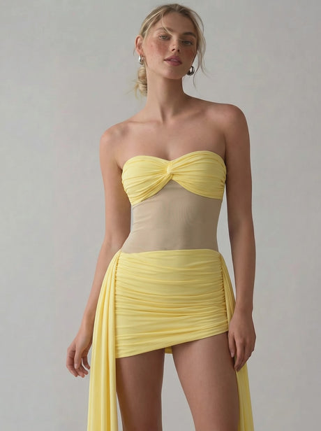 Mesh-paneled, Elegant Ribbon-trimmed Solid Color Strapless Short Dress