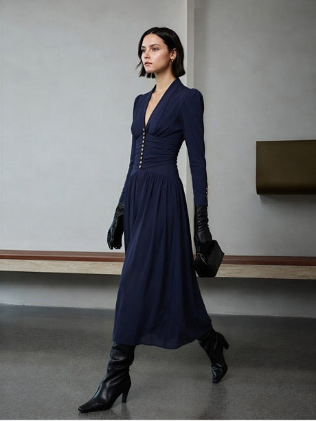 V-neck Puff Sleeve Long-sleeved Midi Dress