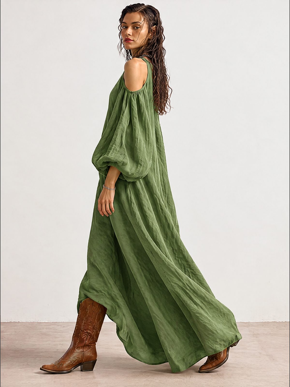 Long-sleeved, Off-shoulder, Mid-waisted Pullover Dress