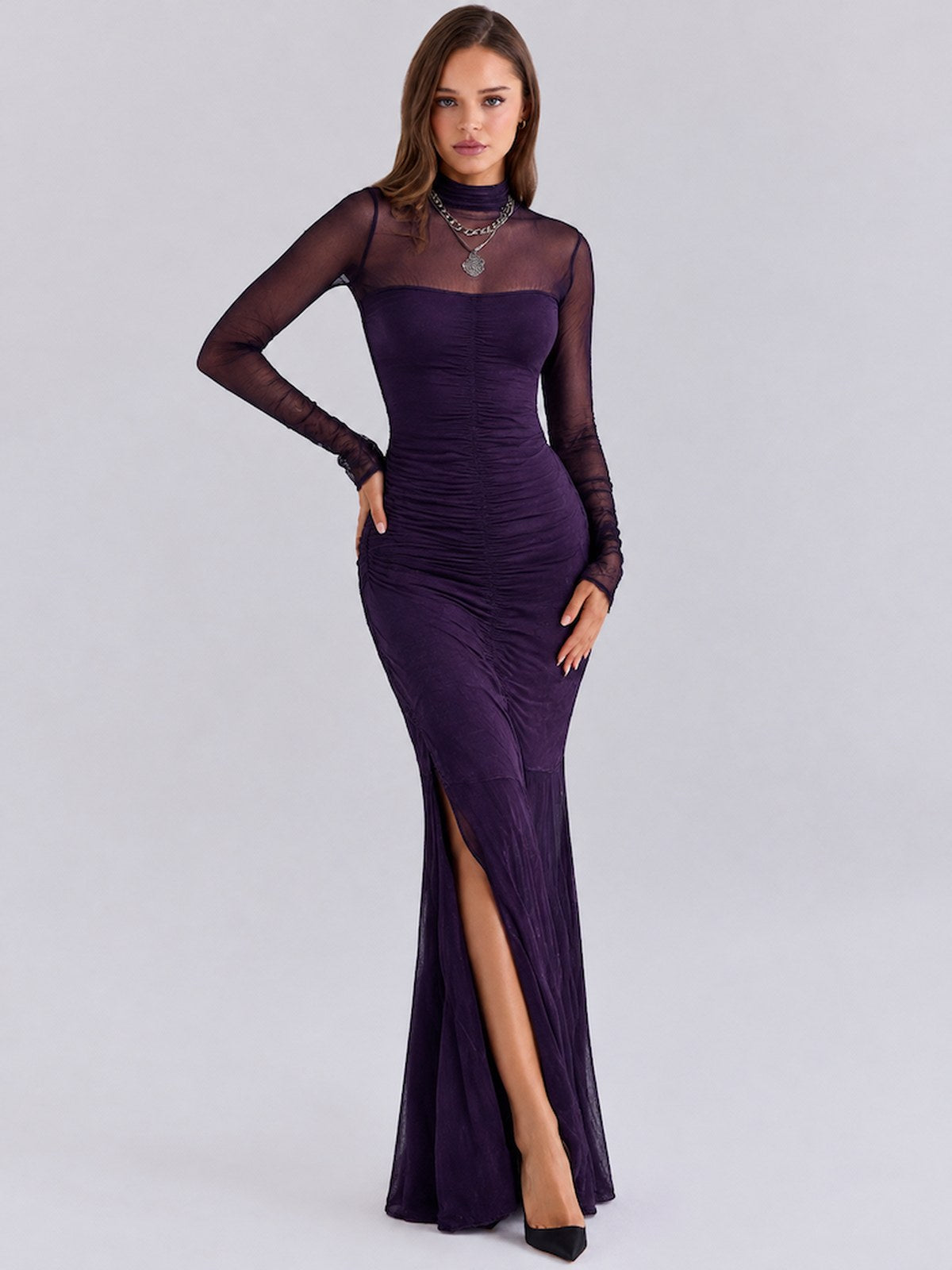Sexy Solid Color Patchwork Long-sleeved Slit Maxi Dress