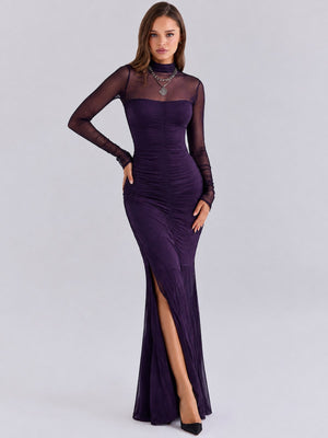 Sexy Solid Color Patchwork Long-sleeved Slit Maxi Dress