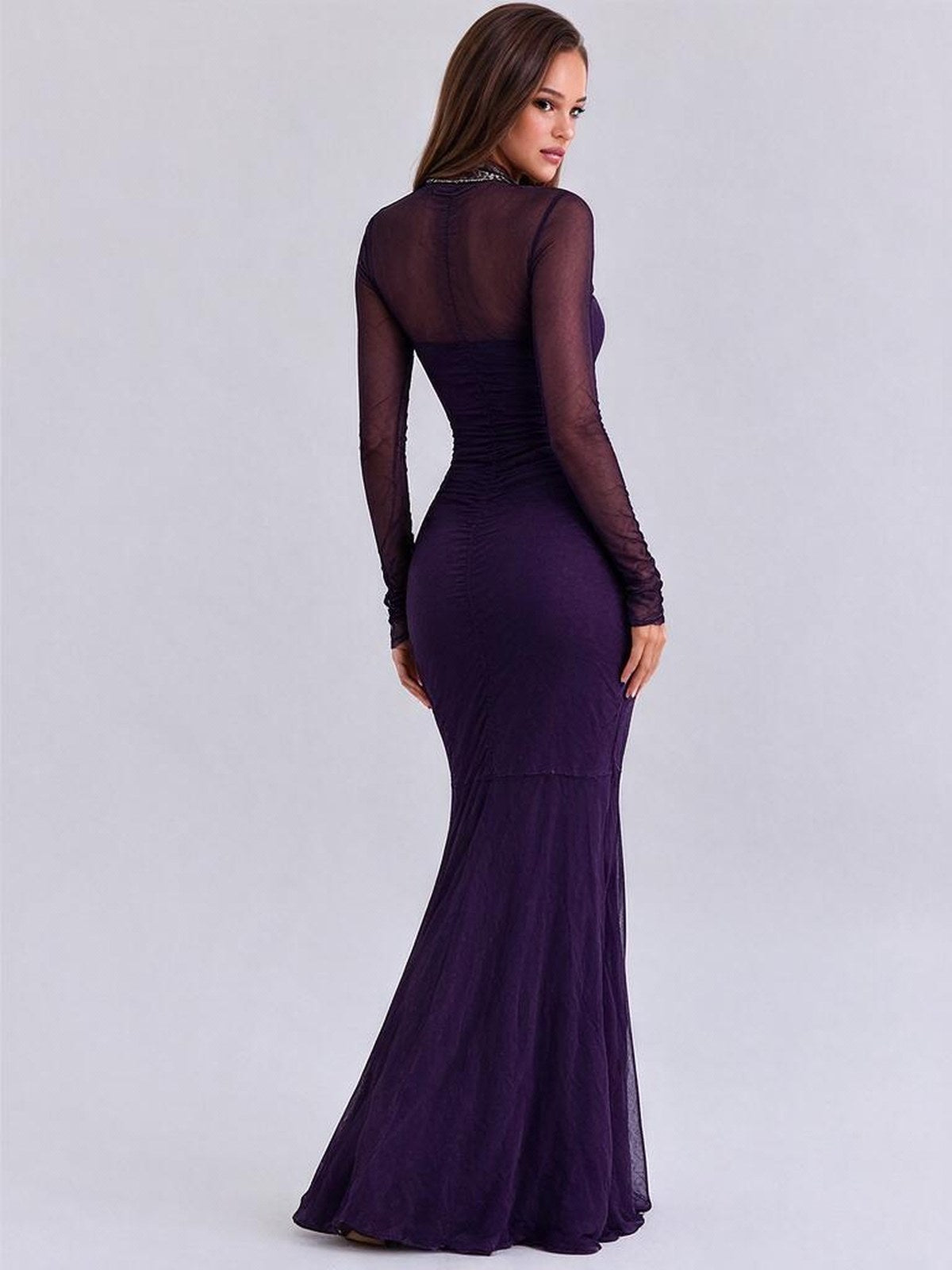Sexy Solid Color Patchwork Long-sleeved Slit Maxi Dress