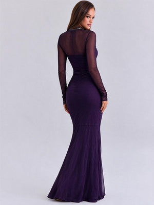 Sexy Solid Color Patchwork Long-sleeved Slit Maxi Dress