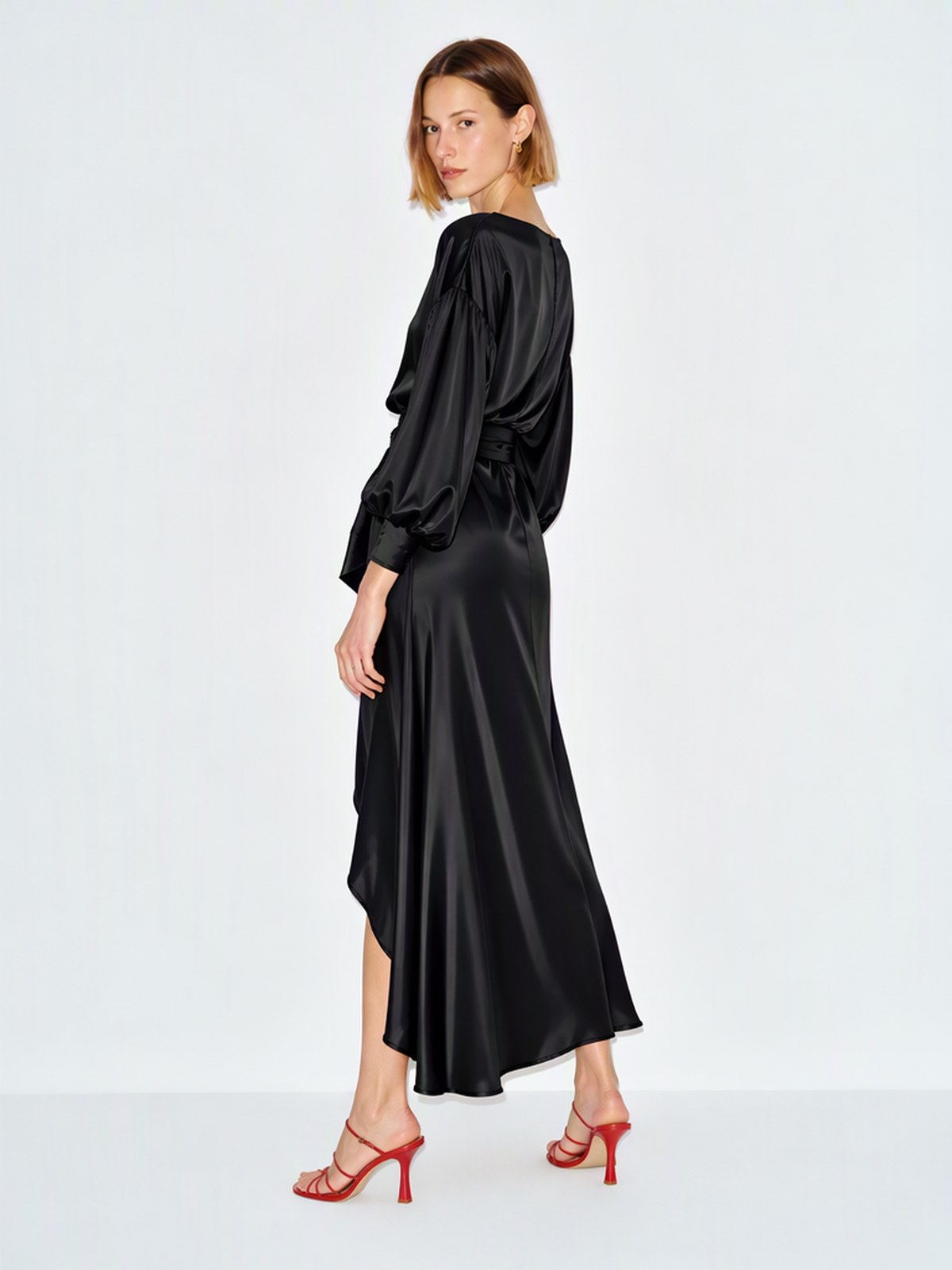 Boat Neck Lantern Sleeves Tie-waist Irregular High Slit Long Dress For Banquets