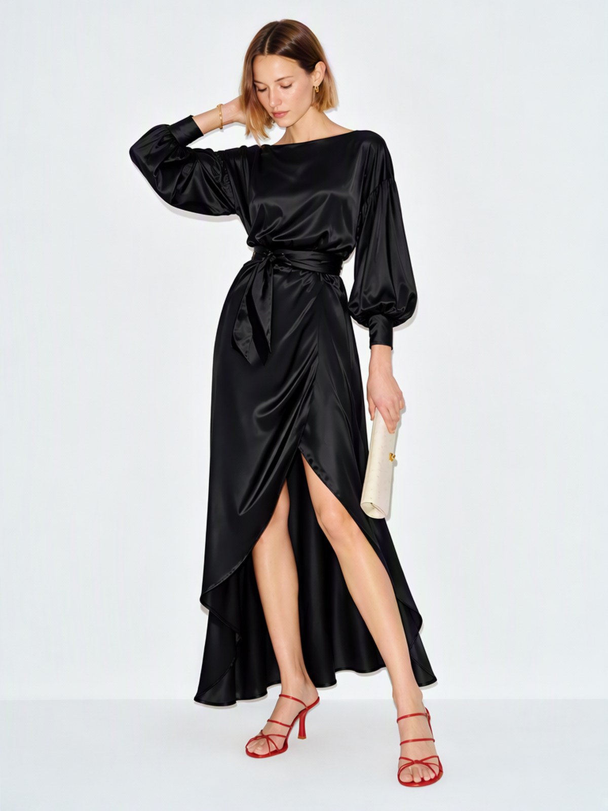 Boat Neck Lantern Sleeves Tie-waist Irregular High Slit Long Dress For Banquets