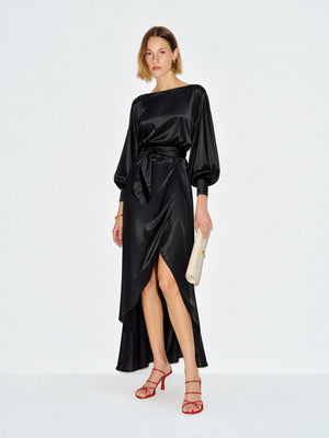 Boat Neck Lantern Sleeves Tie-waist Irregular High Slit Long Dress For Banquets