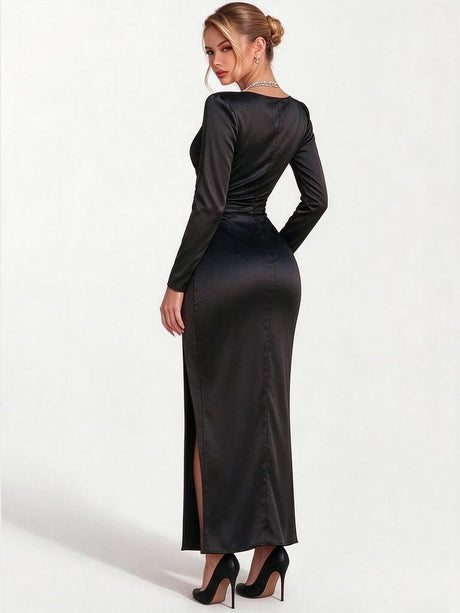 Satin V-neck Pearl Long-sleeved High-slit Maxi Dress