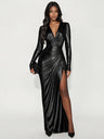 V-neck Long-sleeved Cross-over Wrap Dress With Pleats Cinched Waist High Slit And Long  Fitted Silhouette
