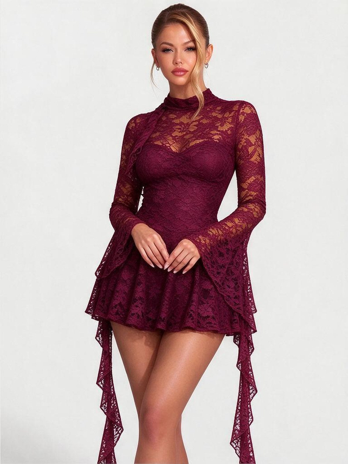 Lace Deep V-neck Short Dress With Ruffles
