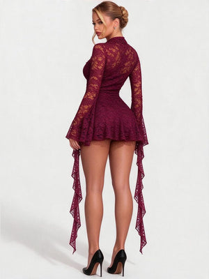 Lace Deep V-neck Short Dress With Ruffles