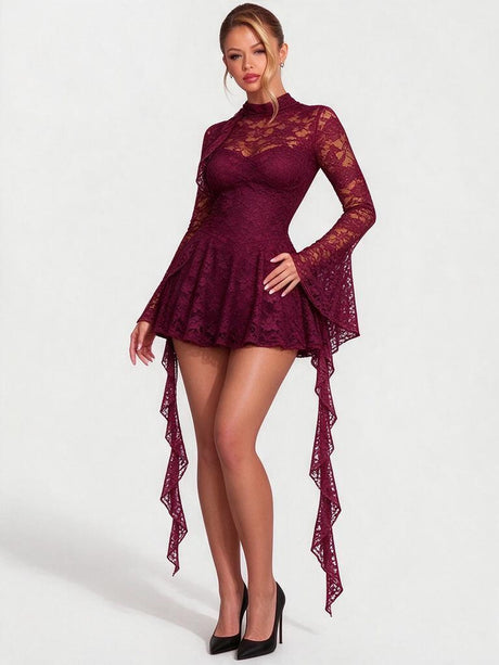 Lace Deep V-neck Short Dress With Ruffles