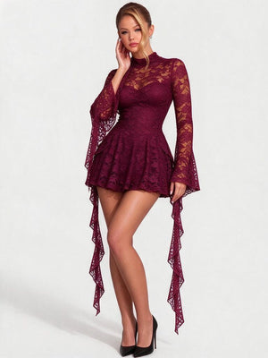 Lace Deep V-neck Short Dress With Ruffles