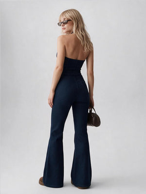 Sexy And Hot Denim Bodysuit With Flared Legs For Women