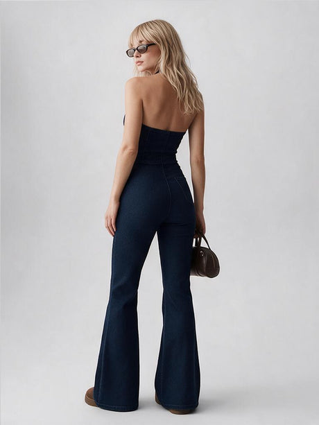 Sexy And Hot Denim Bodysuit With Flared Legs For Women