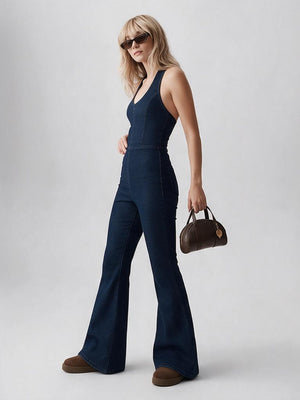 Sexy And Hot Denim Bodysuit With Flared Legs For Women